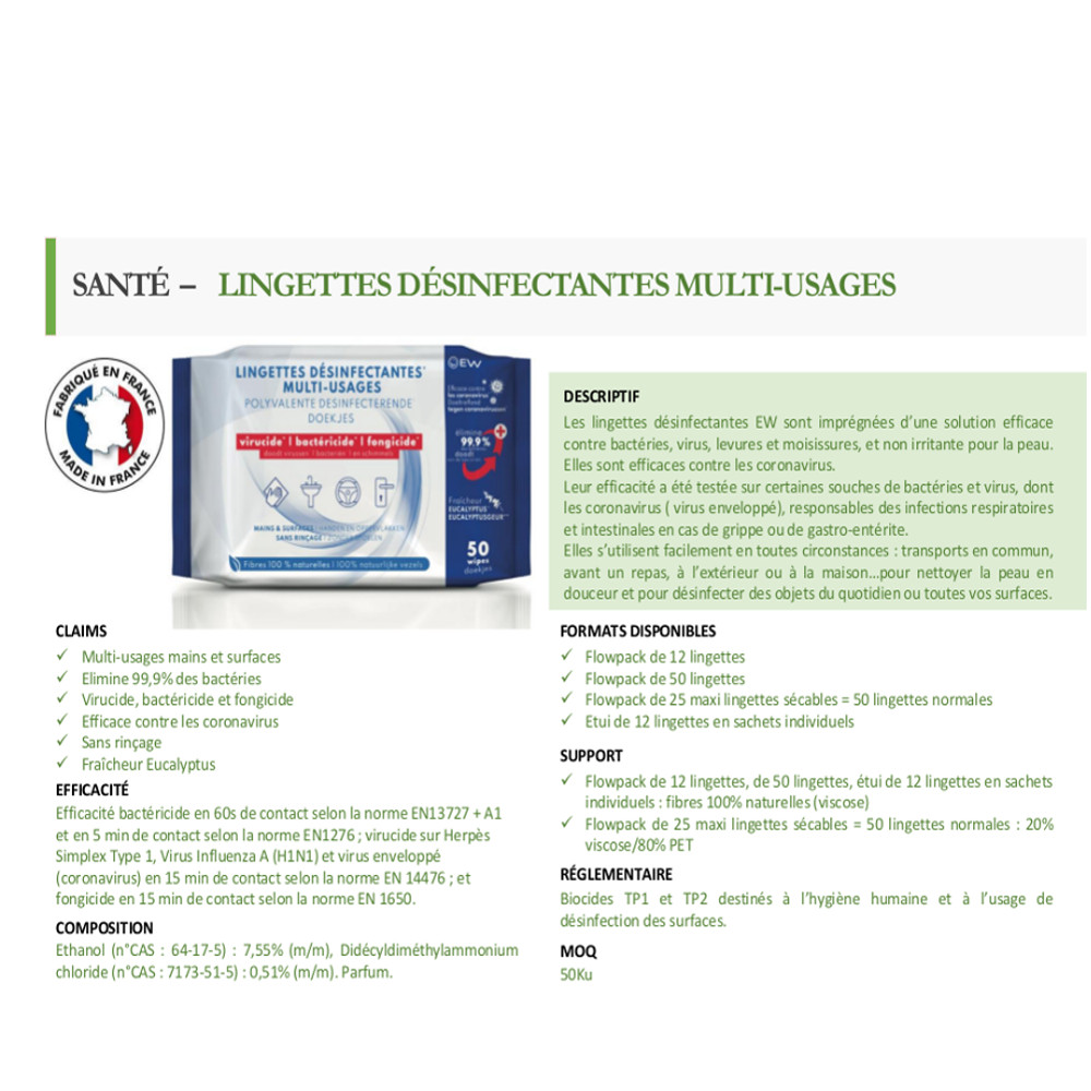 LINGETTE DESINFECTANTE MAIN/SURFACE X20 - Irontek - Lubrifiants